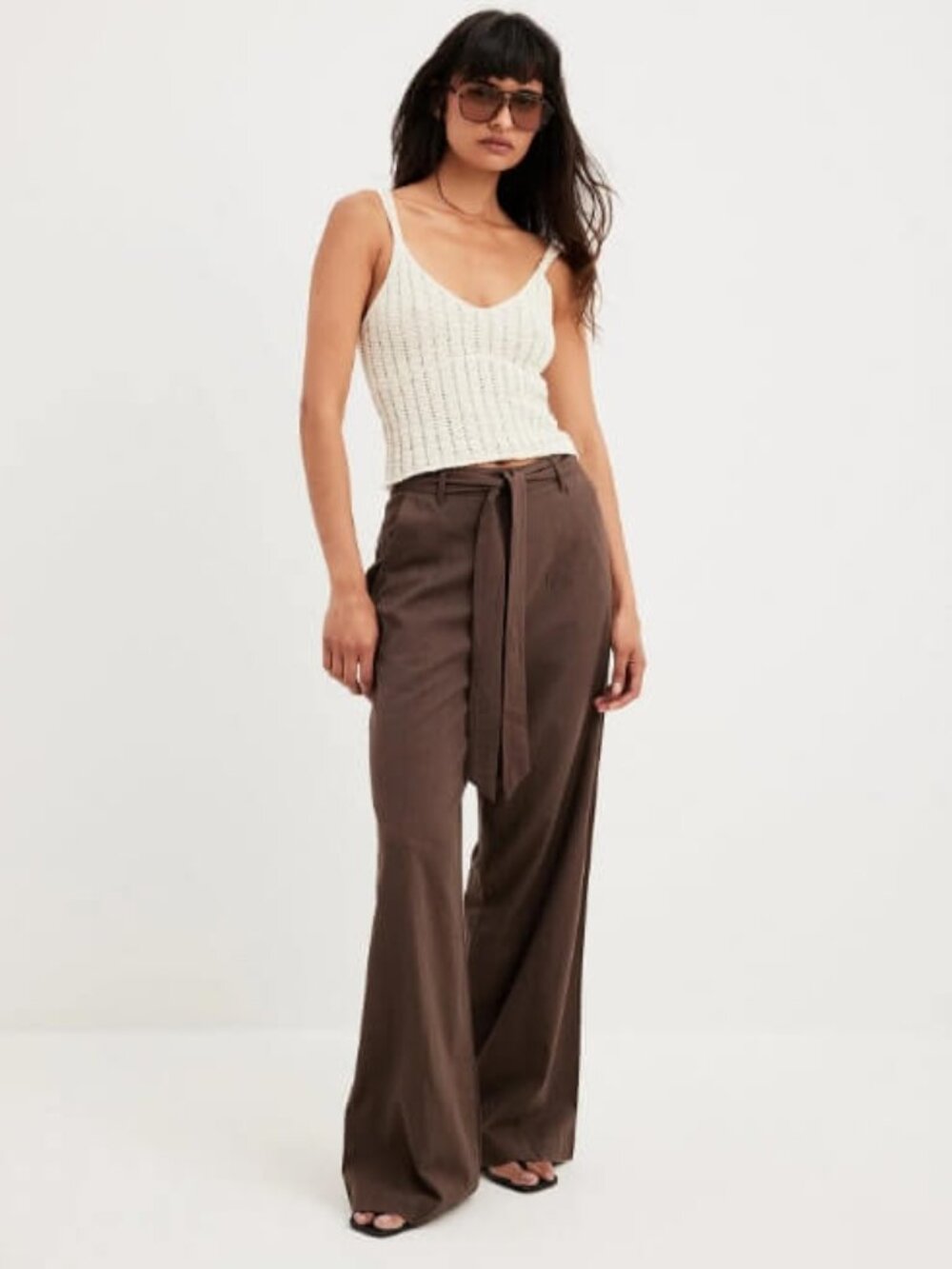NWT NA-KD Brown Linen Blend Wide Leg Pants Tie Waist Trousers Minimalist L - Picture 2 of 9